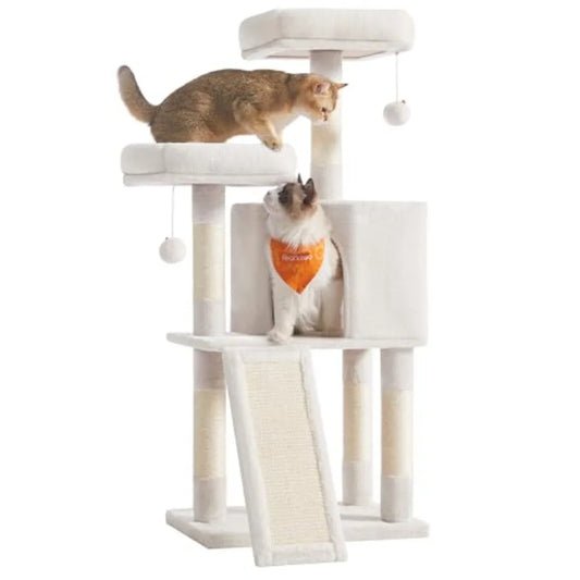 45.3-Inch Cat Tree Tower – Plush Cat Condo with Scratching Posts, Ramp, Perch & Spacious Cave for Indoor Cats, Cream White.