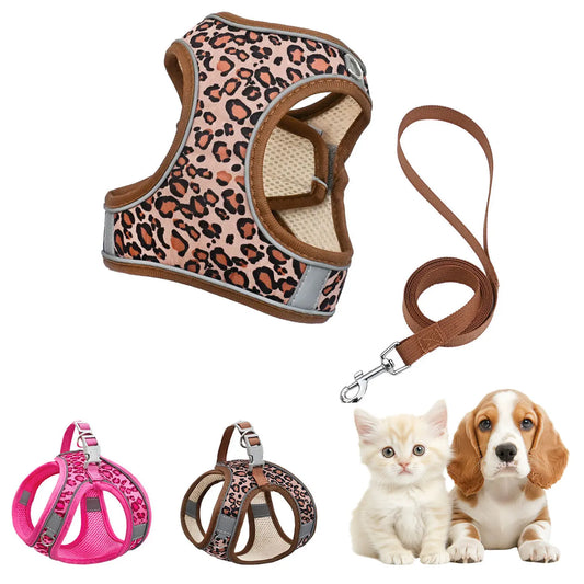 DH009 Adjustable Leopard Print Pet Harness Set – Breathable Mesh Vest Harness with 1.5m Leash, Lightweight & Skin-Friendly for Cats & Dogs.