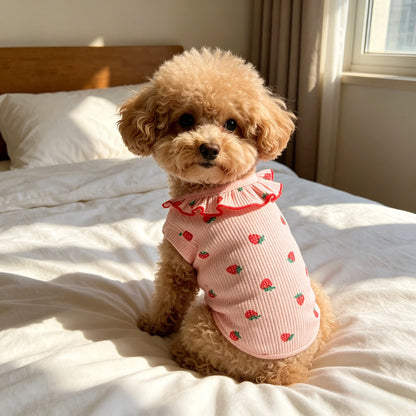 Strawberry Pet Dress – 1PC Summer Breathable Outfit for Small Dogs, Cute Ruffled Collar Clothing for Pets.