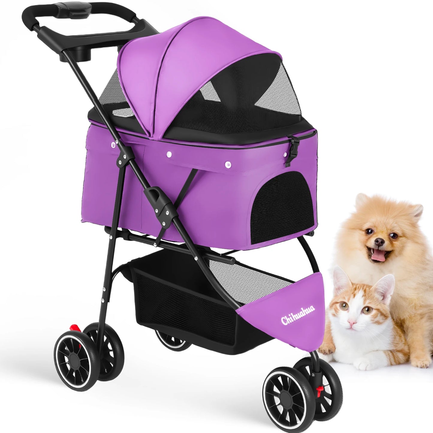 3-Wheel Pet Stroller – Foldable Travel Carrier with Breathable Mesh Canopy for Small & Medium Dogs & Cats, Ideal for Outdoor Travel.