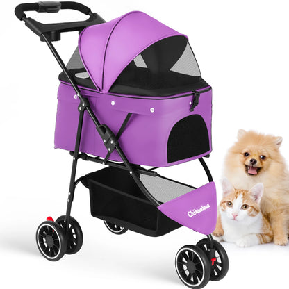 3-Wheel Pet Stroller – Foldable Travel Carrier with Breathable Mesh Canopy for Small & Medium Dogs & Cats, Ideal for Outdoor Travel.