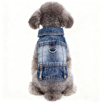 Dog Denim Jean Jacket – Cool Washable Harness Vest Outfit for Small Dogs, Puppies & Cats.
