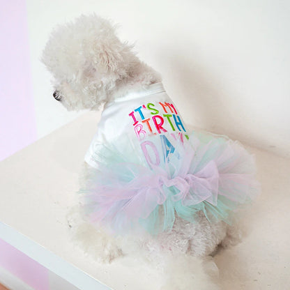 Layered Rainbow Veil Pet Dress – Princess Summer Outfit with Short Sleeves for Small Dogs & Cats, Perfect for Birthdays and Special Occasions.
