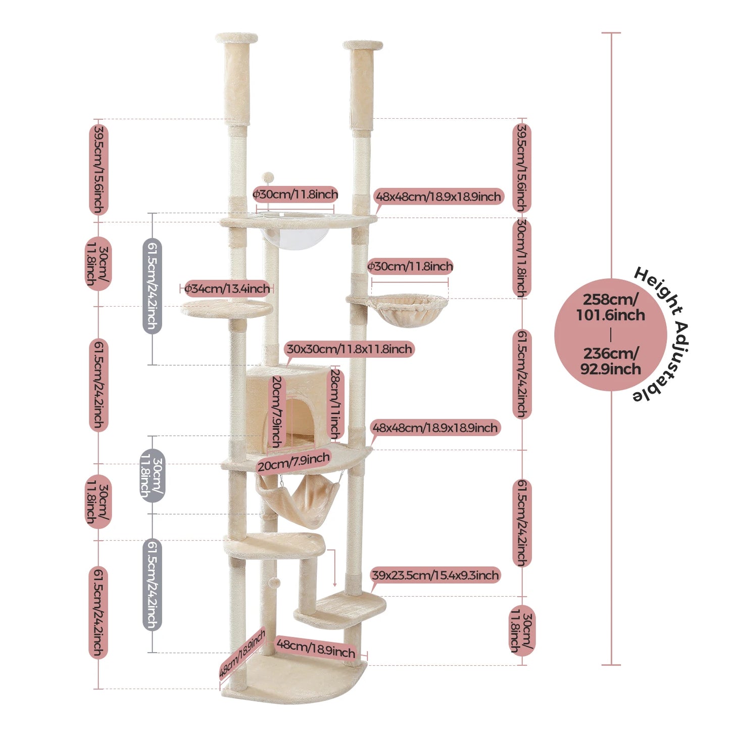 Adjustable Floor-to-Ceiling Cat Tree Tower (236–258cm) – Indoor Cat Condo with Natural Scratching Posts, Acrylic Perch, Hammock Beds & Cozy Cave.