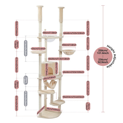 Adjustable Floor-to-Ceiling Cat Tree Tower (236–258cm) – Indoor Cat Condo with Natural Scratching Posts, Acrylic Perch, Hammock Beds & Cozy Cave.