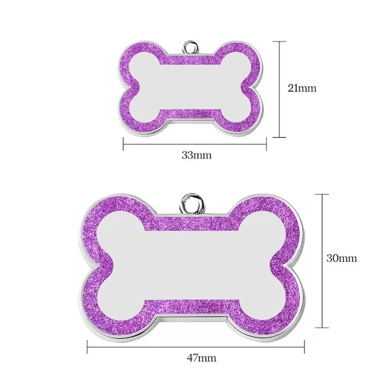 Custom Double-Sided Pet ID Tag – Glitter Name Pendant for Dogs, Anti-Lost Bone-Shaped Collar Accessory.