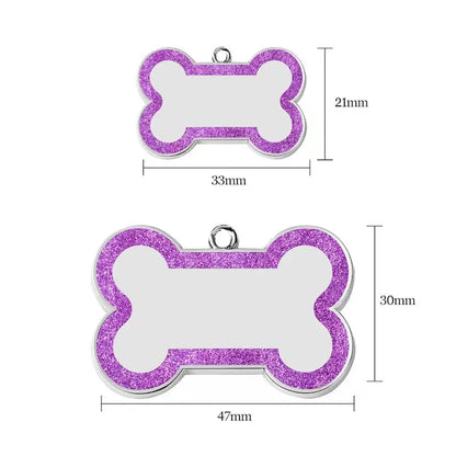 Custom Double-Sided Pet ID Tag – Glitter Name Pendant for Dogs, Anti-Lost Bone-Shaped Collar Accessory.