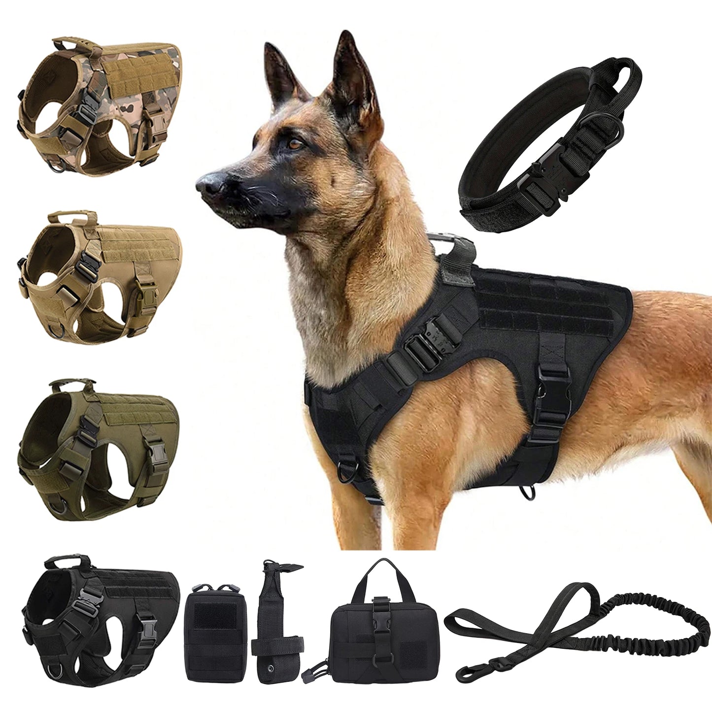 Tactical Dog Harness Set – MOLLE Vest with Collar & Leash, Training & Walking Gear for Medium & Large Dogs like German Shepherds.