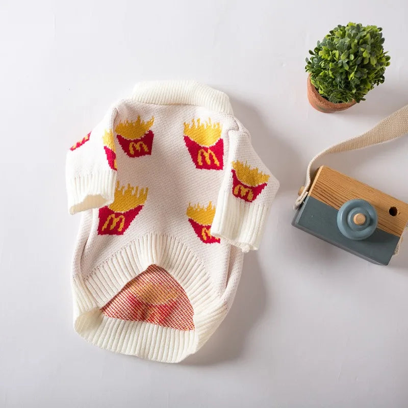French Fries Print Pet Sweater – Soft Cotton Autumn & Winter Clothing for Small & Medium Dogs, Cute Warm Pet Outfit.