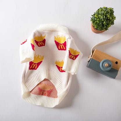 French Fries Print Pet Sweater – Soft Cotton Autumn & Winter Clothing for Small & Medium Dogs, Cute Warm Pet Outfit.