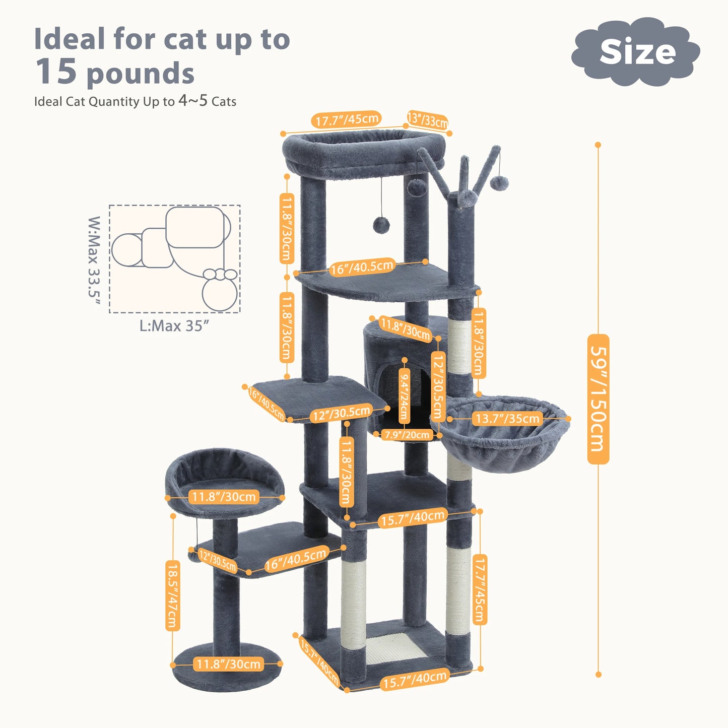 Multi-Level Cat Tree Tower – Tall Indoor Cat Condo with Scratching Posts, Hammock, Large Perches & Hanging Ball Toys for Cats.