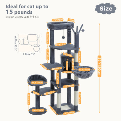 Multi-Level Cat Tree Tower – Tall Indoor Cat Condo with Scratching Posts, Hammock, Large Perches & Hanging Ball Toys for Cats.