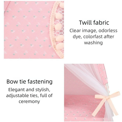 Foldable Princess Pet Tent Bed with Floral Print and Removable Cushion for Cats and Small Dogs.
