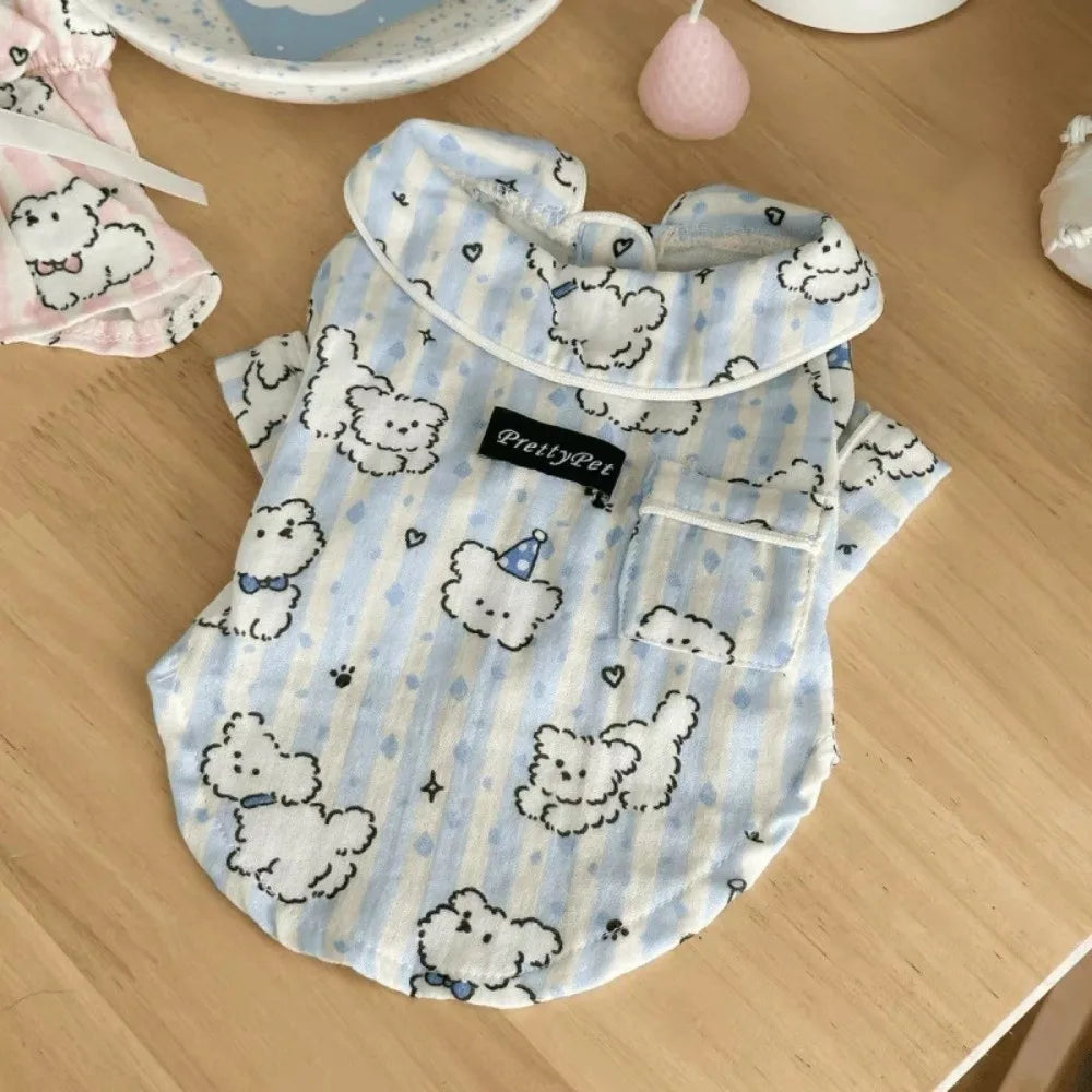 Cute Puppy Print Dog Sleepwear – Breathable Short Sleeve Home Clothes for Dogs & Cats, Soft Indoor Wear in Blue & Pink Options