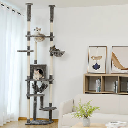 Adjustable Floor-to-Ceiling Cat Tree Tower (236–258cm) – Indoor Cat Condo with Natural Scratching Posts, Acrylic Perch, Hammock Beds & Cozy Cave.