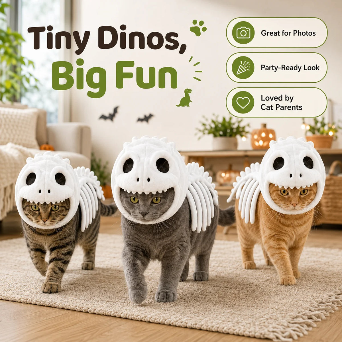 Glow-in-the-Dark Dinosaur Skeleton Pet Costume – Plush Hooded Halloween Cosplay Outfit for Cats & Small Dogs.
