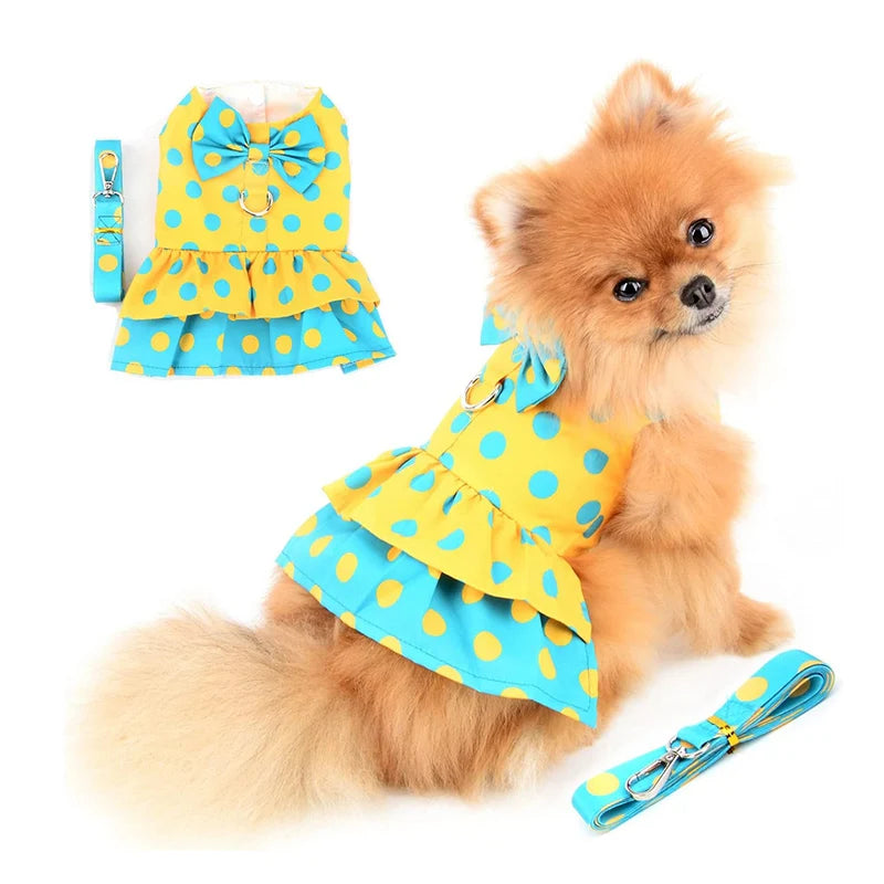 Small Dog Harness Dress & Leash Set – Luxury Polka Dot Puppy Dress with Bowknot for Chihuahuas, Blue & Yellow Summer Pet Outfit.