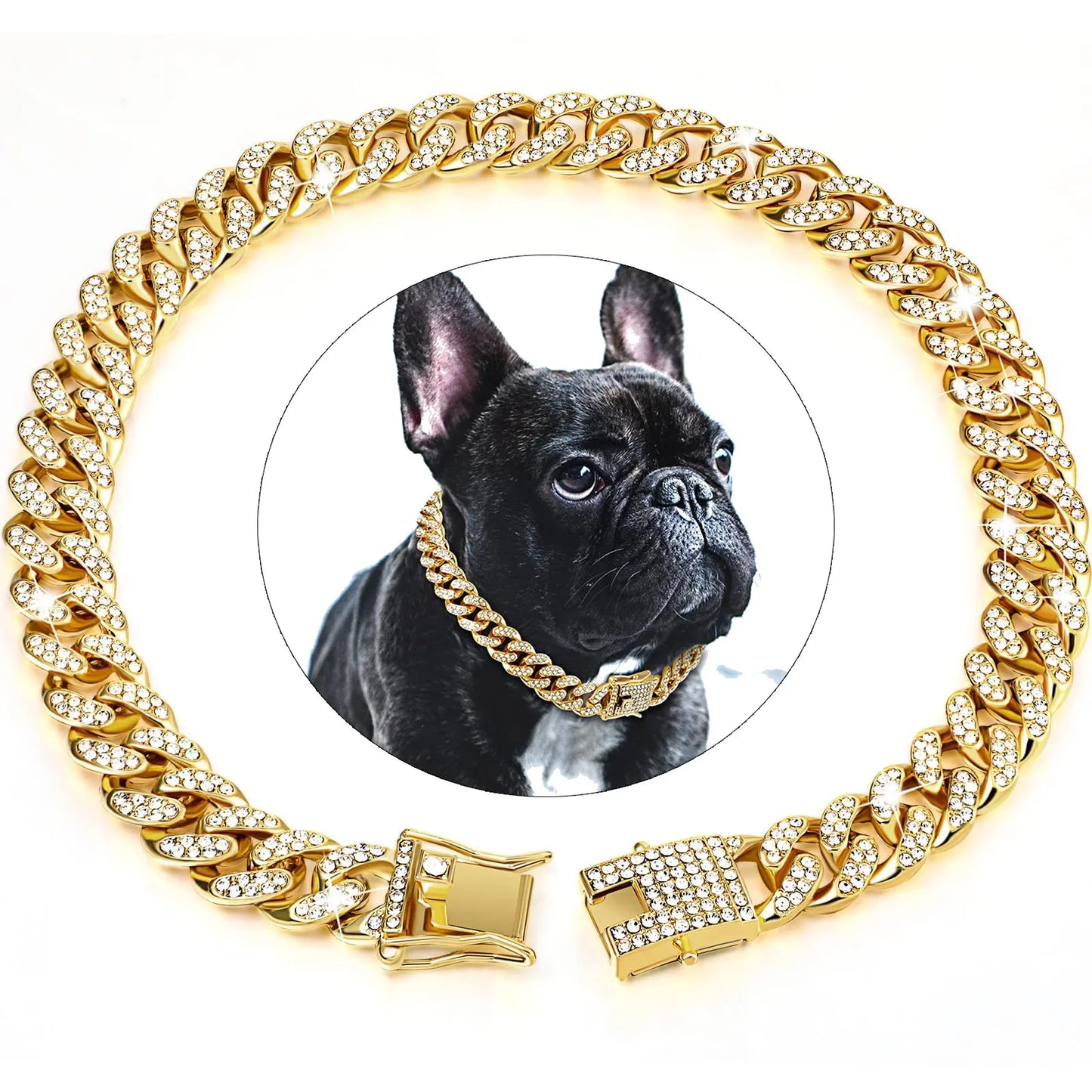 Diamond Cuban Link Pet Collar – Stylish Metal Chain Walking Collar with Secure Buckle for Dogs & Cats, Luxury Jewelry Accessory.
