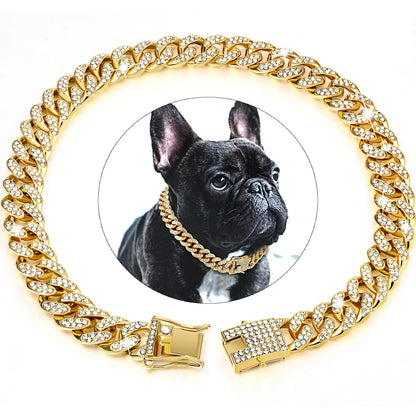 Diamond Cuban Link Pet Collar – Stylish Metal Chain Walking Collar with Secure Buckle for Dogs & Cats, Luxury Jewelry Accessory.