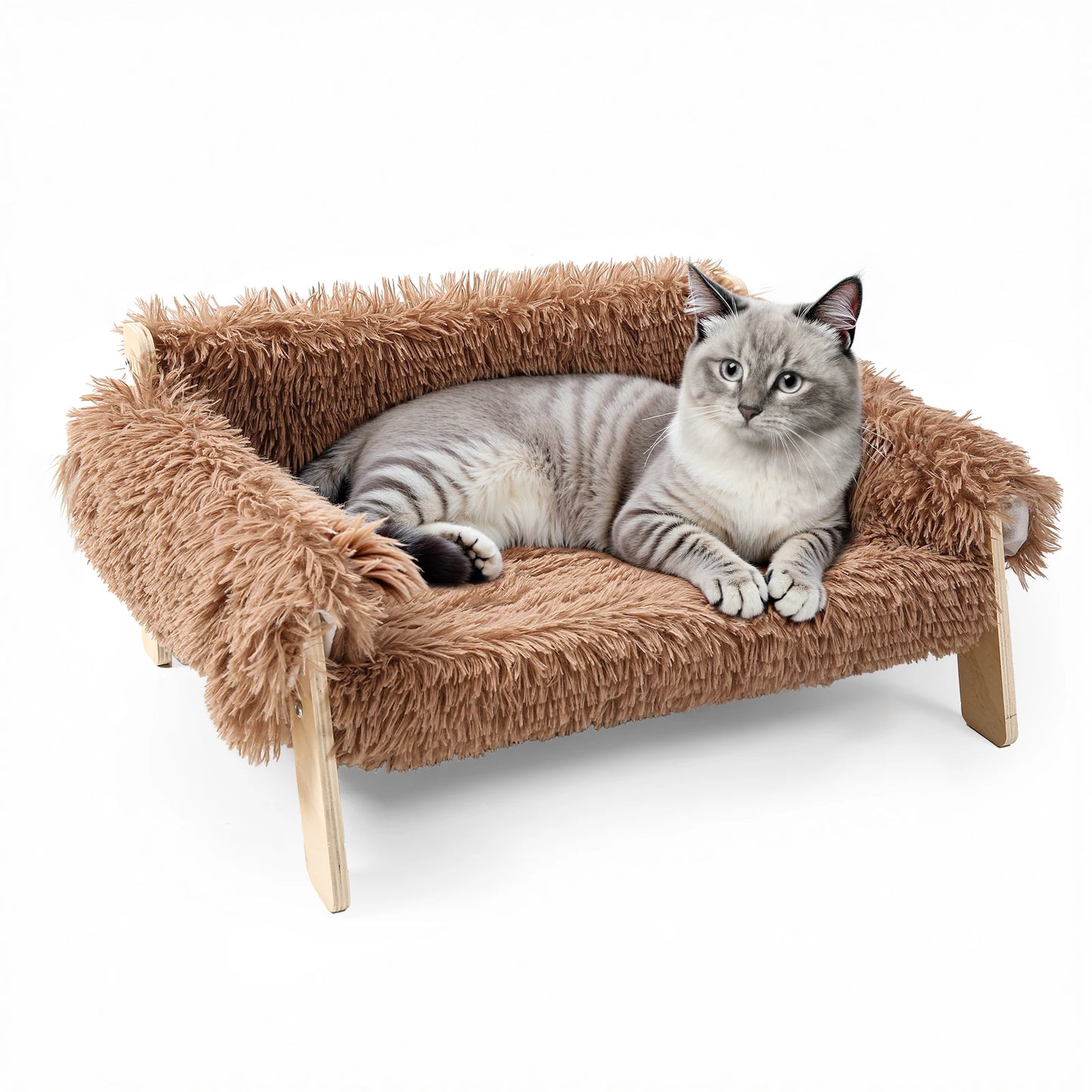 Large Plush Cat Sofa Bed – Soft Raised Cat Couch with Sturdy Wooden Legs for Indoor Cats & Kittens.