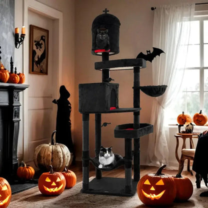Gothic Cat Tree for Indoor Cats – Black Multi-Level Cat Tower with 2 Cat Condos, Coffin Bed & Scratching Posts.