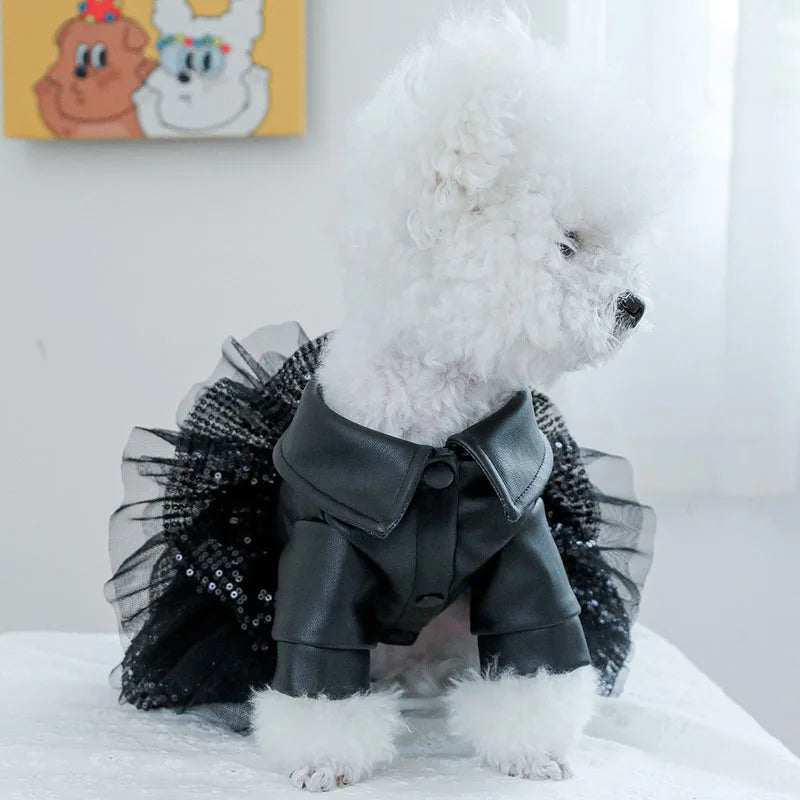 Luxury Black PU Dog Coat Dress – Warm Winter Leather Outfit with Sequins & Tulle Skirt for Small Dogs.