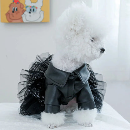Luxury Black PU Dog Coat Dress – Warm Winter Leather Outfit with Sequins & Tulle Skirt for Small Dogs.