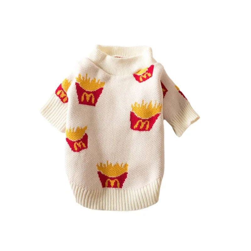 French Fries Print Pet Sweater – Soft Cotton Autumn & Winter Clothing for Small & Medium Dogs, Cute Warm Pet Outfit.
