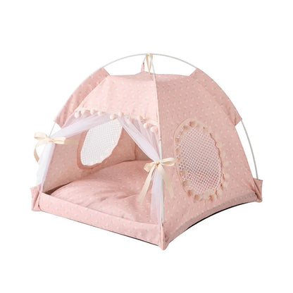 Foldable Princess Pet Tent Bed with Floral Print and Removable Cushion for Cats and Small Dogs.