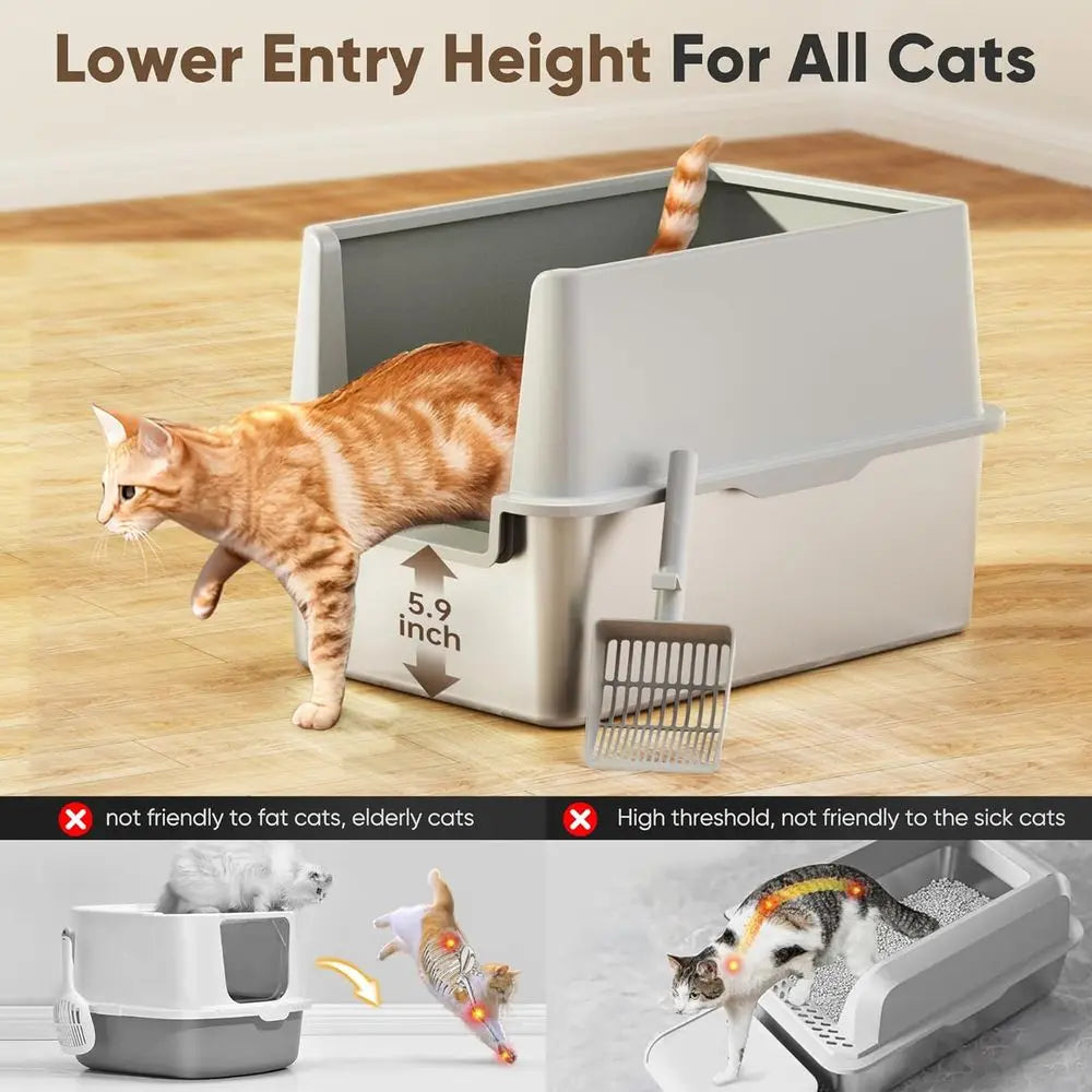 16" High-Sided Stainless Steel Litter Box with Lid – XL/XXL Extra Large Enclosed Metal Cat Litter Box for Big Cats & Kittens, Odor & Stain Resistant Design.