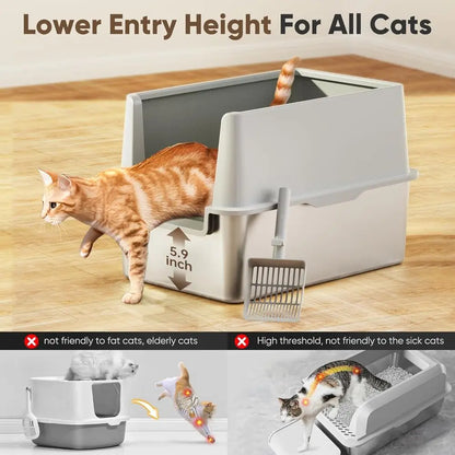 16" High-Sided Stainless Steel Litter Box with Lid – XL/XXL Extra Large Enclosed Metal Cat Litter Box for Big Cats & Kittens, Odor & Stain Resistant Design.