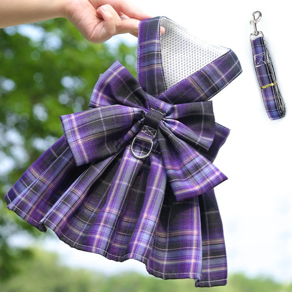 Reusable Plaid Pet Harness Dress – Adjustable Washable Dog Skirt with Leash Attachment, Lightweight Bowknot Design.