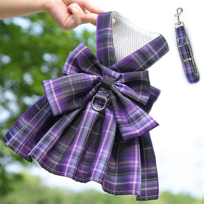 Reusable Plaid Pet Harness Dress – Adjustable Washable Dog Skirt with Leash Attachment, Lightweight Bowknot Design.