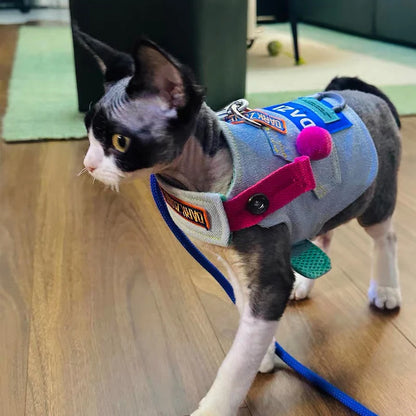 Outdoor Cowboy Sphynx Cat Harness & Leash – Luxury Sleeveless Denim Adjustable Harness for Travel, Walking & Hiking with Devon Rex Kittens.