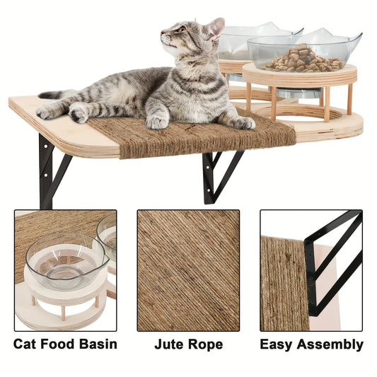 Cat Wall Shelves Set – 3-Step Climbing Shelves with Cat Hammock, Perches, Plush Cove & Dual Food Shelves for Indoor Cats.