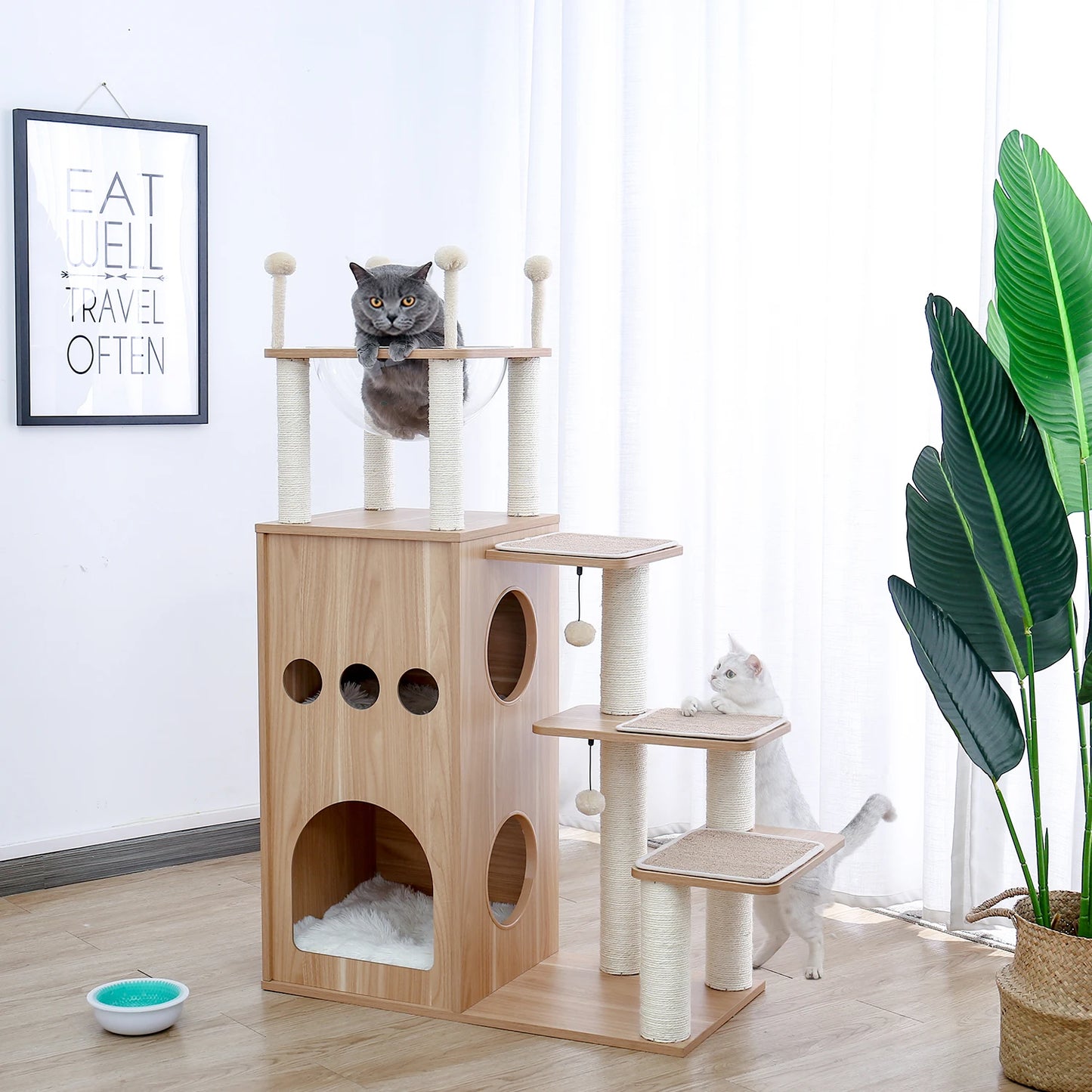 Multi-Level Wooden Cat Tree – Indoor Cat Tower with Scratching Posts, Condo, Hammock & Top Perch, Spacious Cat Scratcher & Play Center.