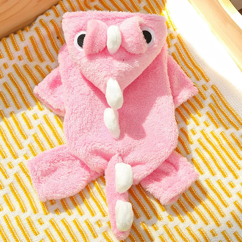 Dinosaur Pet Jumpsuit – Warm Flannel Autumn & Winter Outfit for Dogs & Cats, Cute Teddy Pet Romper Clothing.