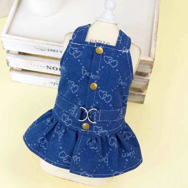 Small Dogs Clothes Designer Luxury Puppy Summer Clothes Girls Cat Dresses,Love Jeans Harness Vest Denim Dress One Piece S-XXL