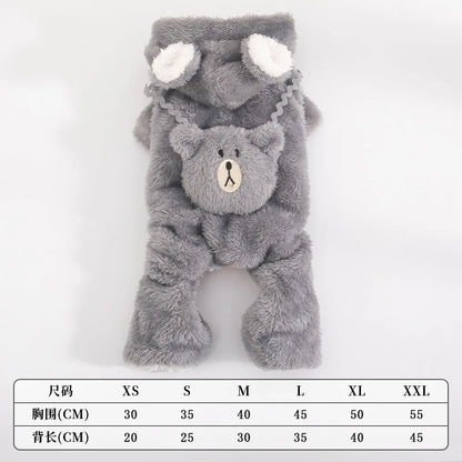 Cute Thickened Fleece Dog Jumpsuit – Warm Autumn & Winter Four-Leg Bear Costume for Small Dogs.