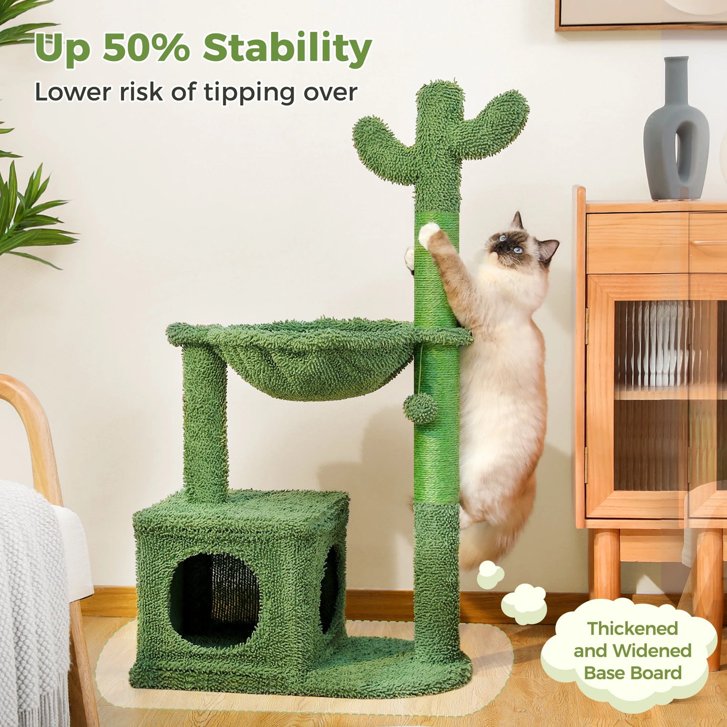 Cactus Cat Tree with Large Condo & Hammock – Small Indoor Cat Tower with Scratching Posts, Dangling Ball Toy & Fun Cat Activity Center.