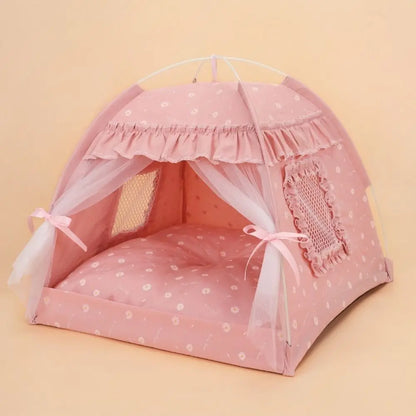 Foldable Princess Pet Tent Bed with Floral Print and Removable Cushion for Cats and Small Dogs.