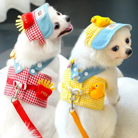 French Fries Pet Harness Set – Cute 3-Piece Outfit with Harness, Leash & Hat, Puppy Walking Traction Gear for Outdoor Use.