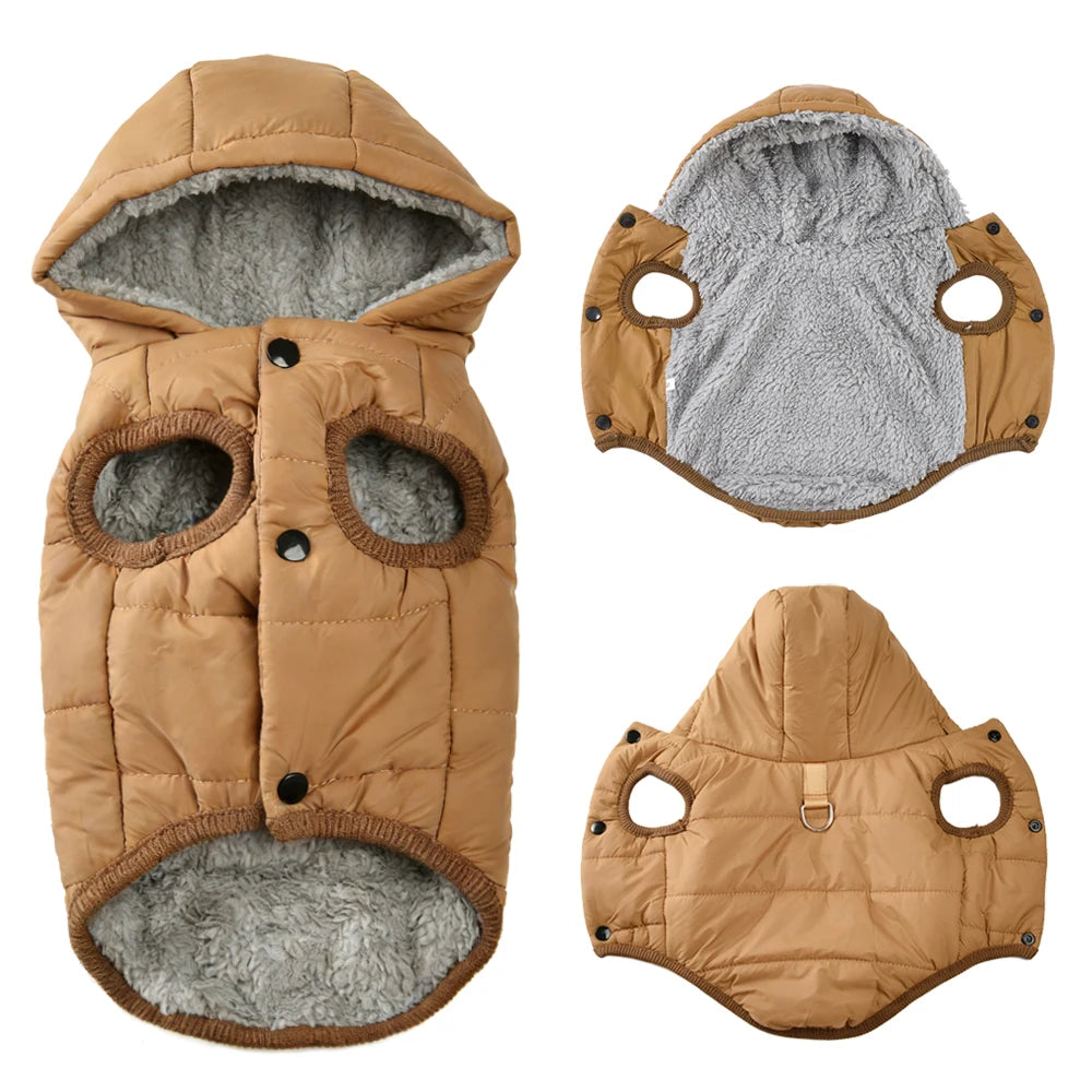 Warm Fleece Dog Hoodie Coat – Thick Cozy Winter Jacket with D-Ring for Small & Medium Dogs, Comfortable Puppy Parka Outfit.