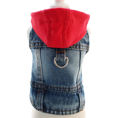 Cool Denim Dog Jacket Vest – Hoodie Style with D-Ring Harness for Small & Medium Dogs & Cats, Spring Walking Coat for Puppies.