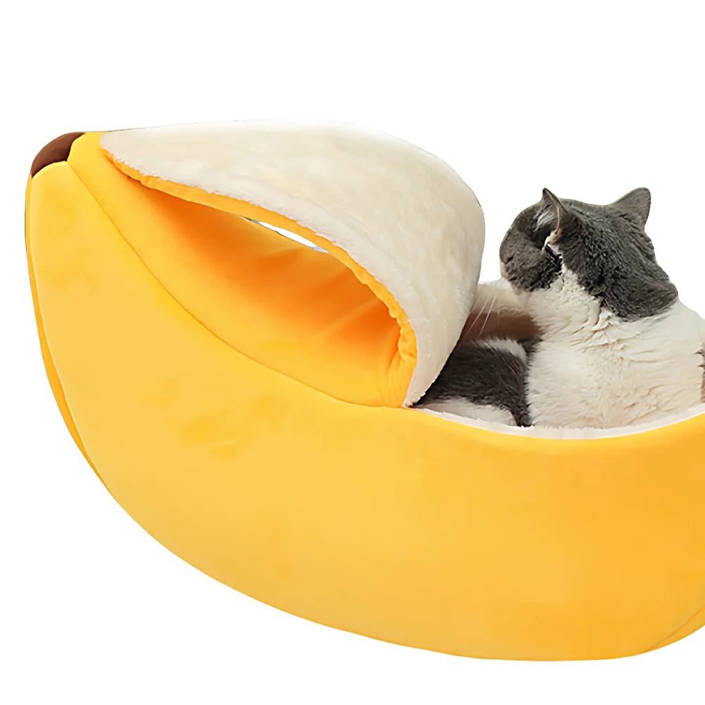 Banana-Shaped Covered Pet Bed for Cats and Small Dogs, Cozy 4-Season Sleeping Nest.