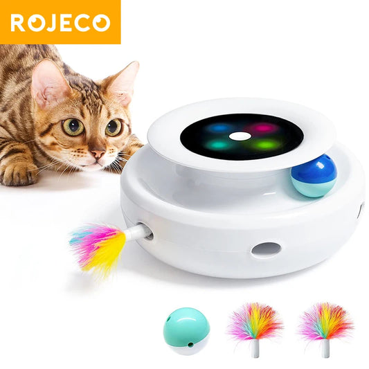 ROJECO 2-in-1 Smart Cat Toy Set – Automatic Feather & Rolling Ball Interactive Electronic Toy with 5 Play Modes for Cats.