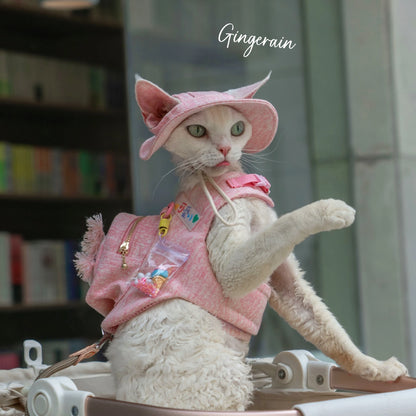 Handmade Luxury Cat Carrier Backpack – Cute Pink Travel Pet Bag with Snack Pouch & Harness Vest for Sphynx, Devon Rex & Other Cats.