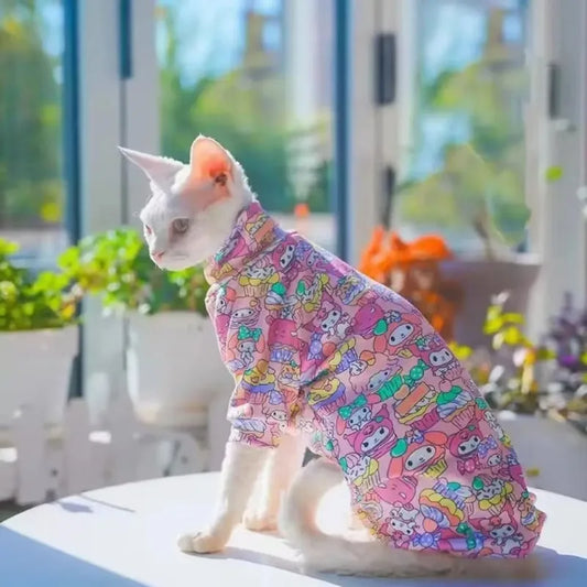 My Melody Pet Shirt – Breathable Cotton Four-Leg Summer T-Shirt for Sphynx & Hairless Cats, Cute Printed Cat Clothing.