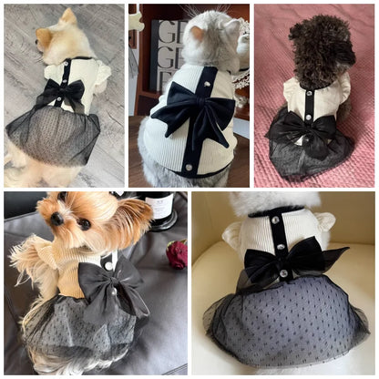 Luxury Dog Dress for Small Dogs – Summer Puppy Outfit with Bow Lace Skirt, Black & White T-Shirt Style Costume for Chihuahuas & Girls Dogs