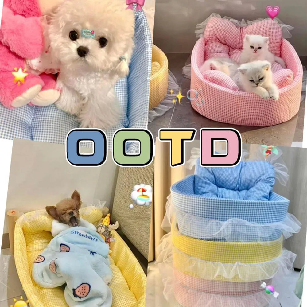 Cute Lace-Trimmed Pet Sofa Bed – Washable Removable Plush Oval Cushion for Cats & Small Dogs, Four-Season Princess-Style Sleeping Bed.